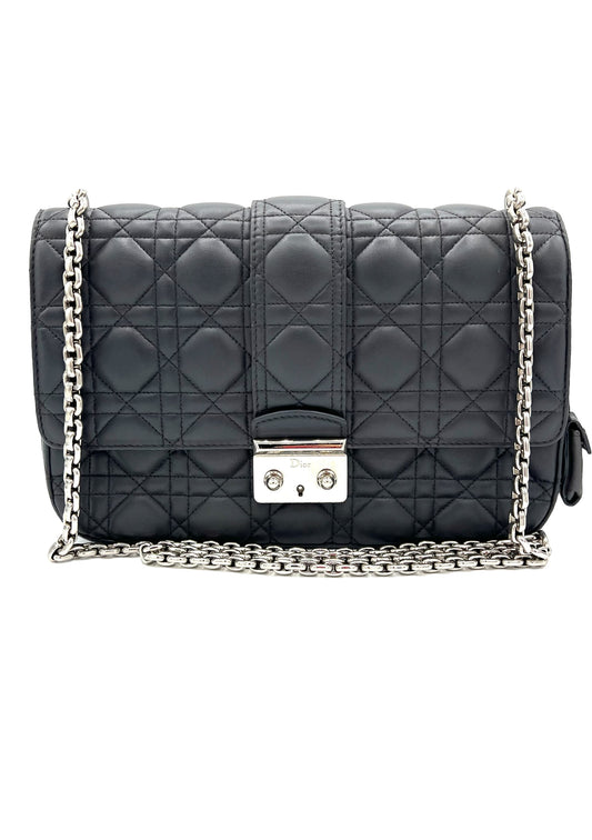 DIOR GREY QUILTED LEATHER LARGE MISS DIOR FLAP BAG