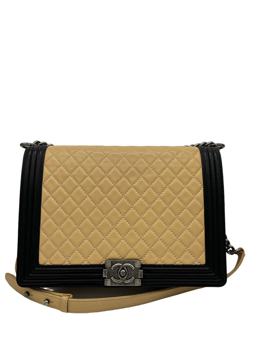 CHANEL BI-COLOR LARGE BOY FLAP QUILTED LAMBSKIN LEATHER SHOULDER BAG