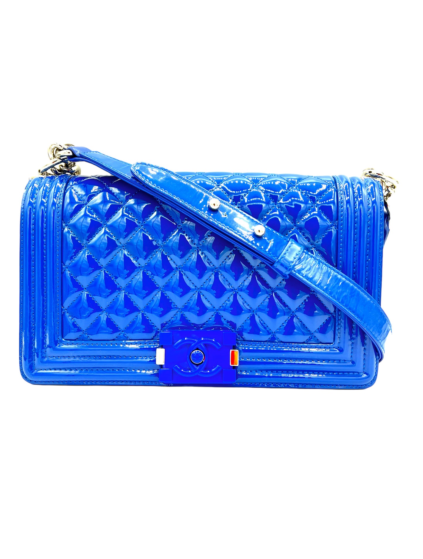 CHANEL BOY FLAP QUILTED PLEXIGLASS PATENT MEDIUM ROYAL BLUE