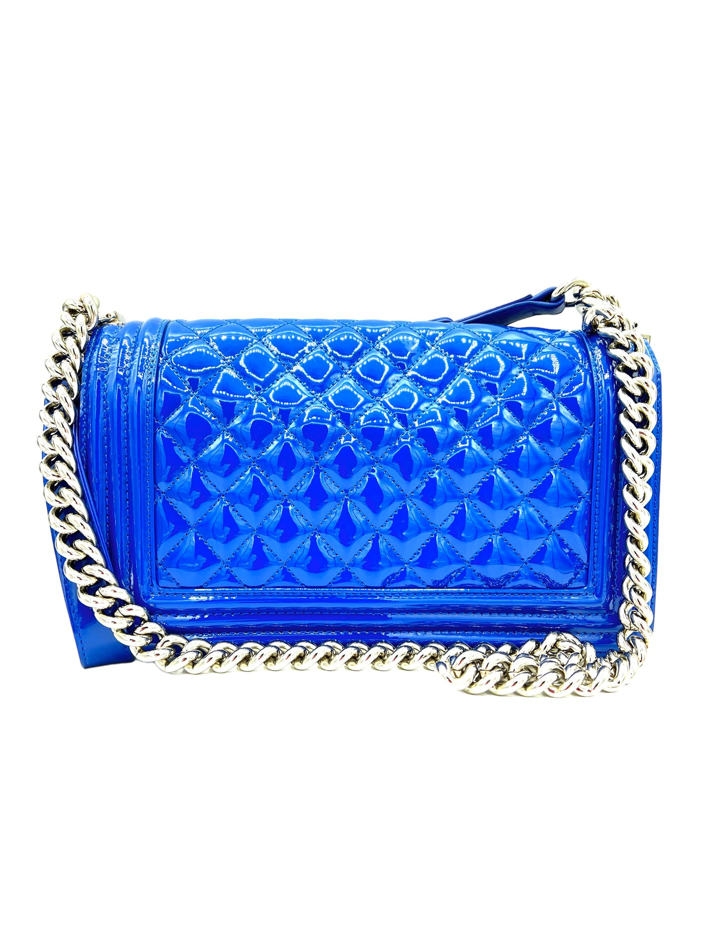 CHANEL BOY FLAP QUILTED PLEXIGLASS PATENT MEDIUM ROYAL BLUE