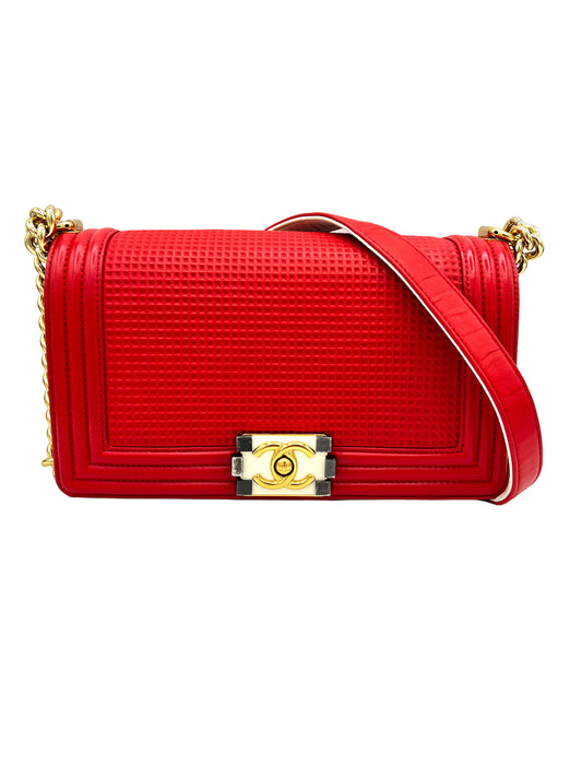 CHANEL RED MEDIUM WAFFLE QUILTED CALFSKIN LEATHER, EMBOSSED CUBE BOY BAG