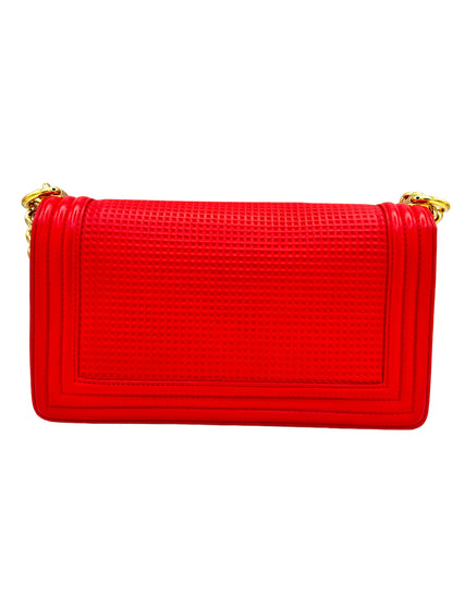 CHANEL RED MEDIUM WAFFLE QUILTED CALFSKIN LEATHER, EMBOSSED CUBE BOY BAG