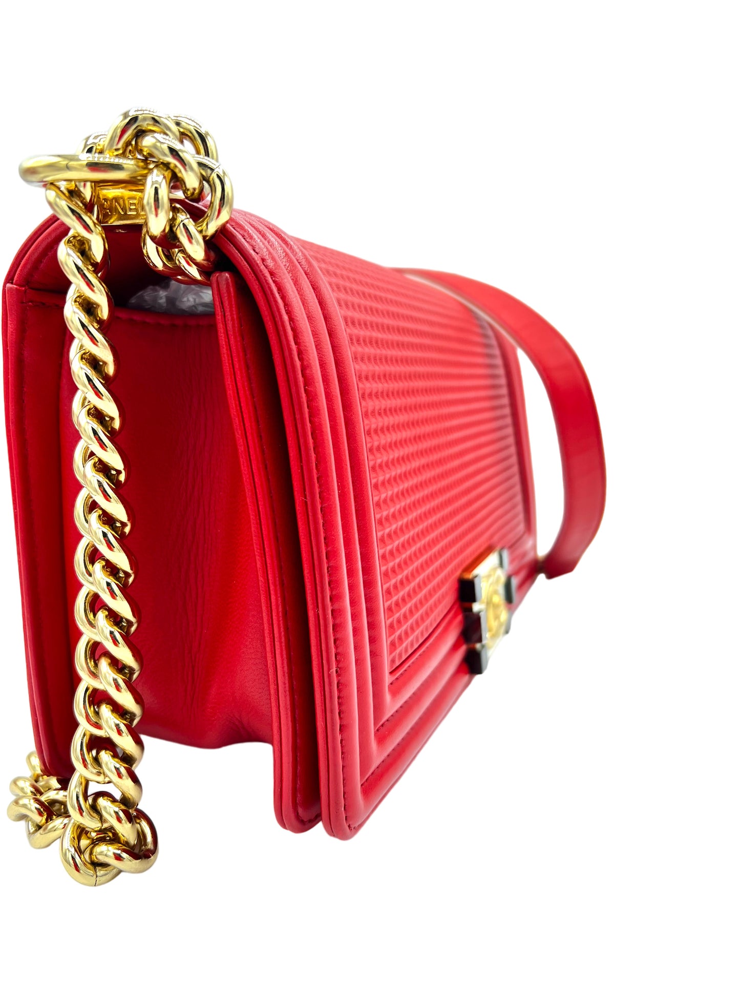 CHANEL RED MEDIUM WAFFLE QUILTED CALFSKIN LEATHER, EMBOSSED CUBE BOY BAG