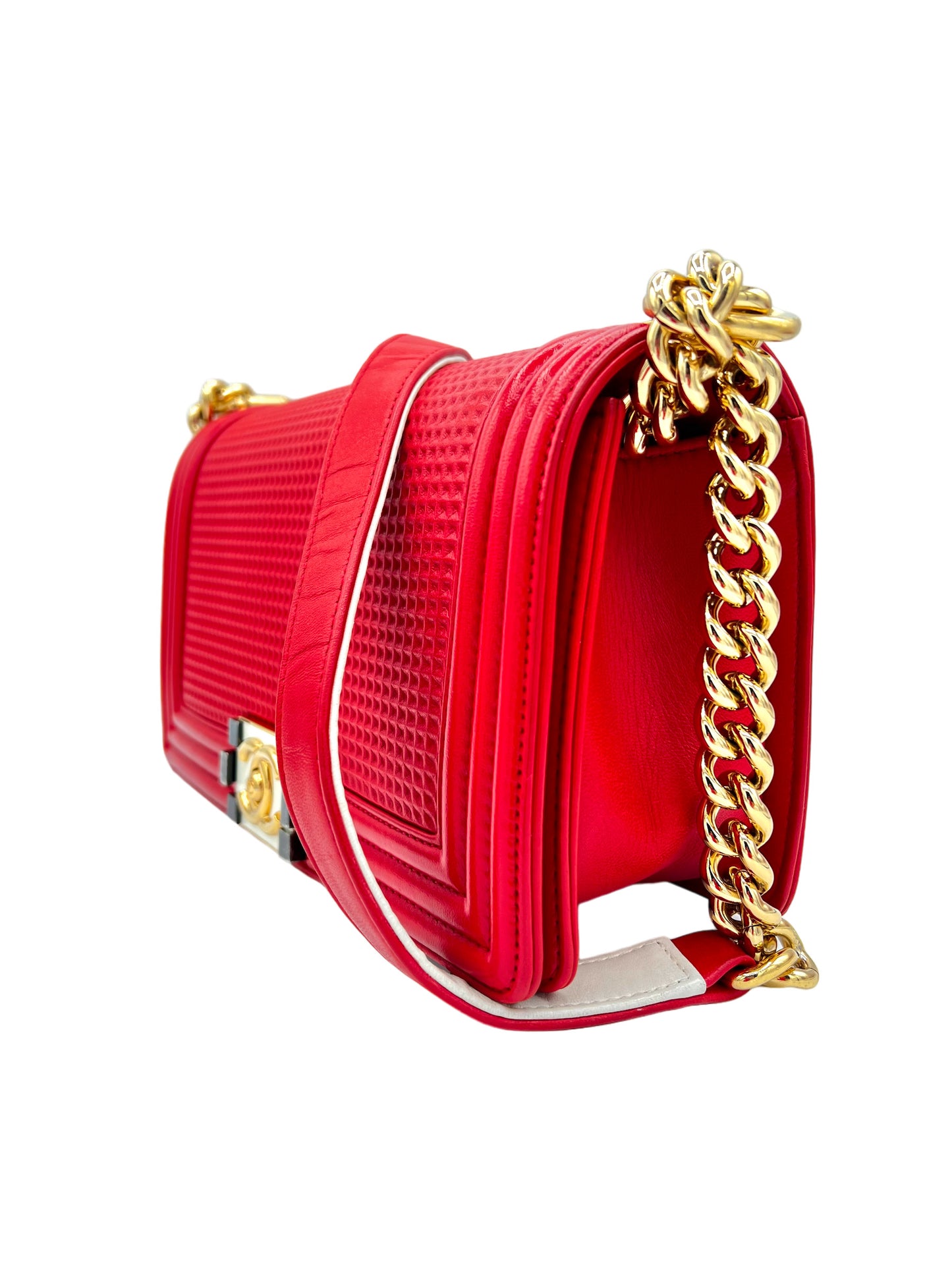 CHANEL RED MEDIUM WAFFLE QUILTED CALFSKIN LEATHER, EMBOSSED CUBE BOY BAG