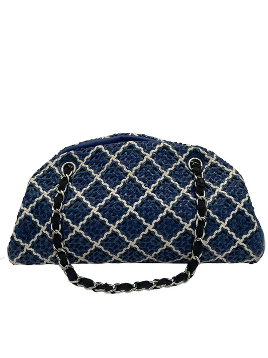 CHANEL BLUE WHITE PATENT LEATHER WOVEN MADEMOISELLE MED BOWLING BAG