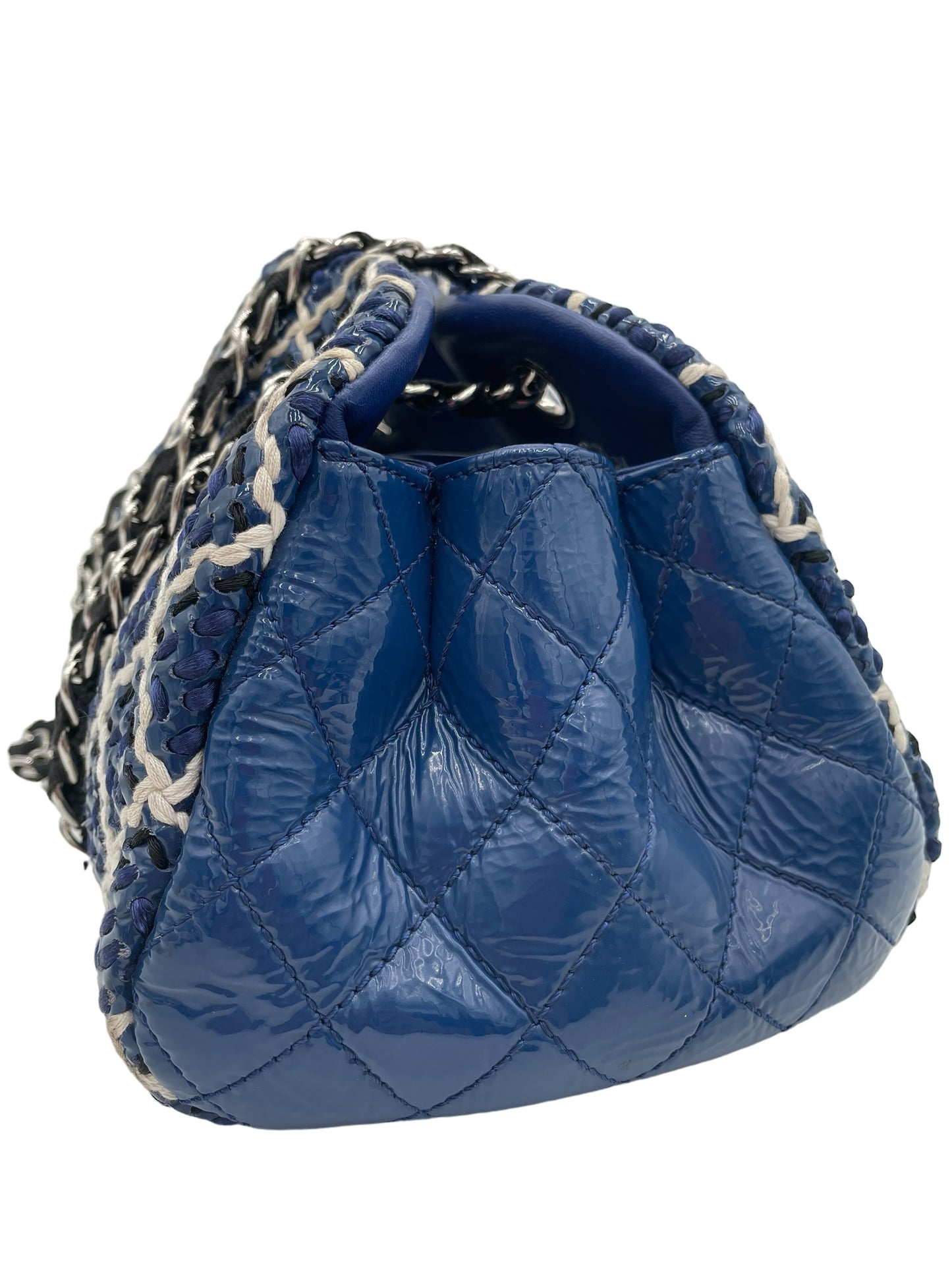 CHANEL BLUE WHITE PATENT LEATHER WOVEN MADEMOISELLE MED BOWLING BAG