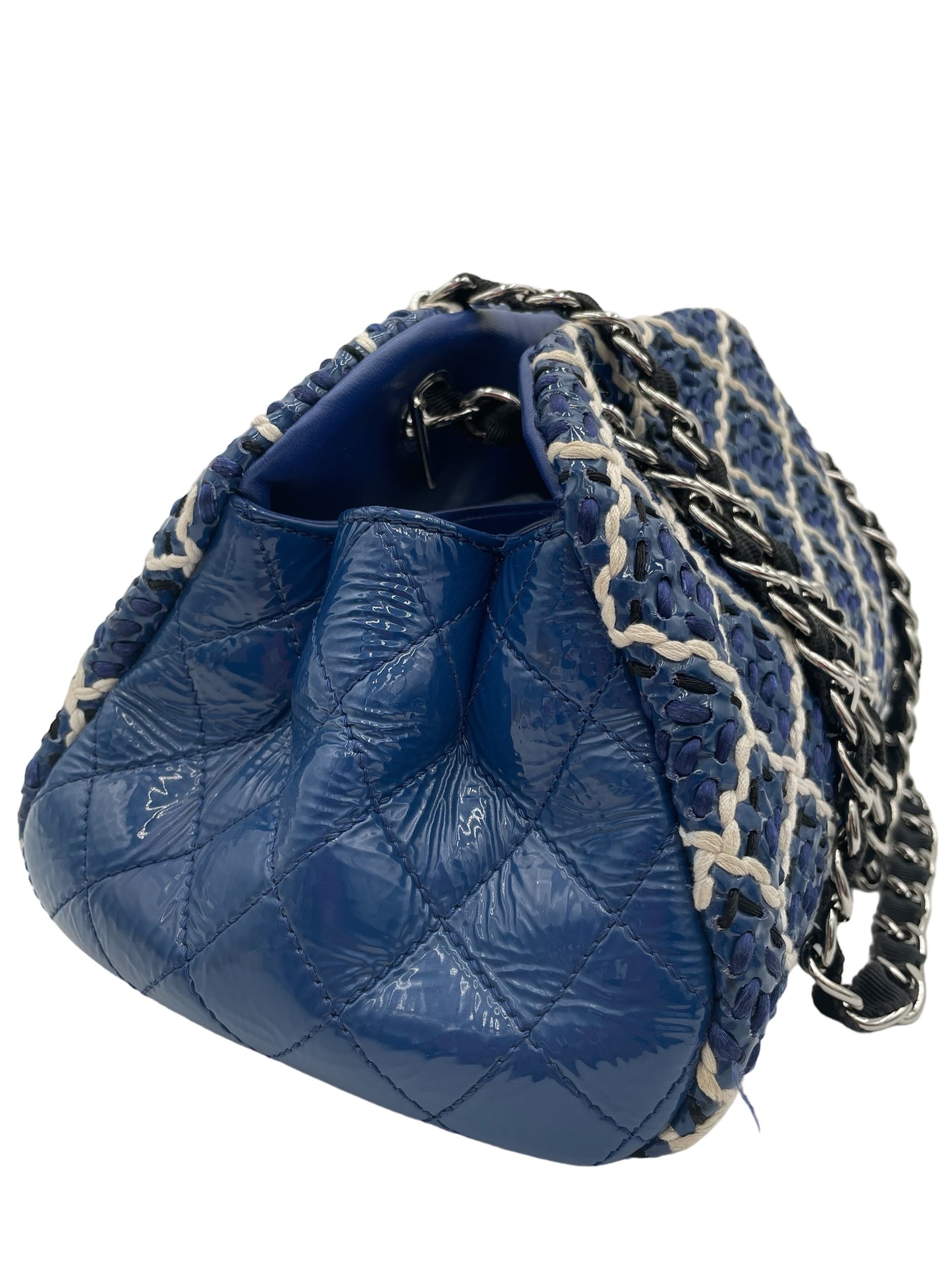 CHANEL BLUE WHITE PATENT LEATHER WOVEN MADEMOISELLE MED BOWLING BAG