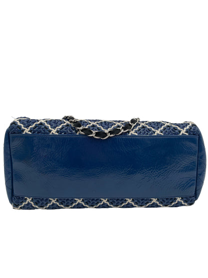 CHANEL BLUE WHITE PATENT LEATHER WOVEN MADEMOISELLE MED BOWLING BAG