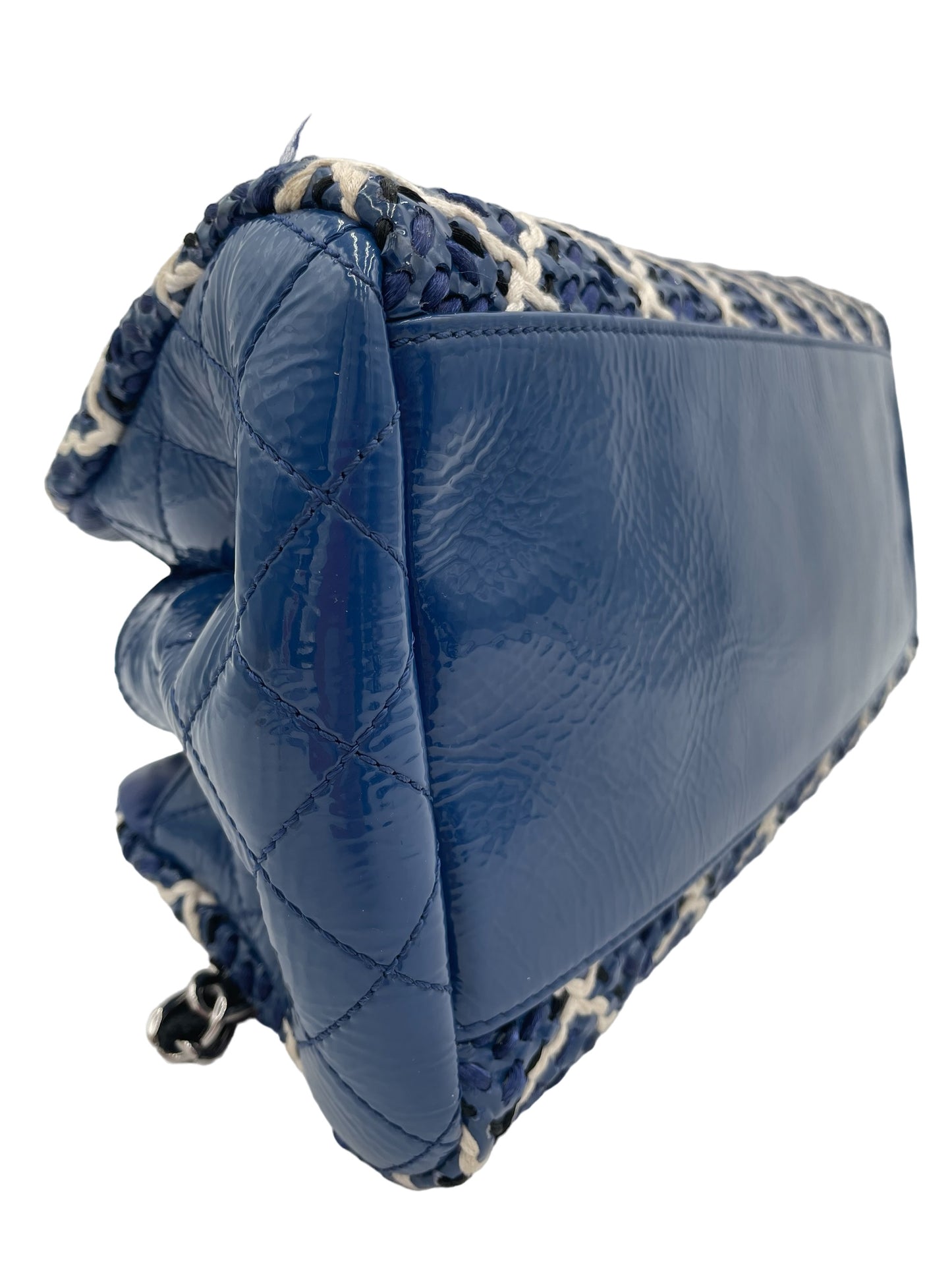 CHANEL BLUE WHITE PATENT LEATHER WOVEN MADEMOISELLE MED BOWLING BAG