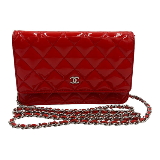 CHANEL ORANGE/RED QUILTED PATENT LEATHER CC WALLET ON CHAIN