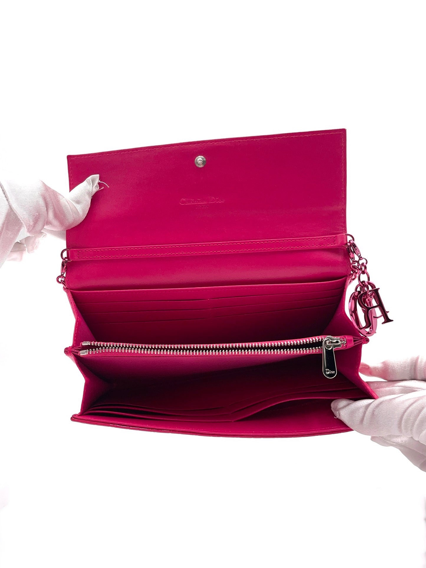 DIOR PATENT CANNAGE RENDEZVOUS CHAIN WALLET FUCHSIA