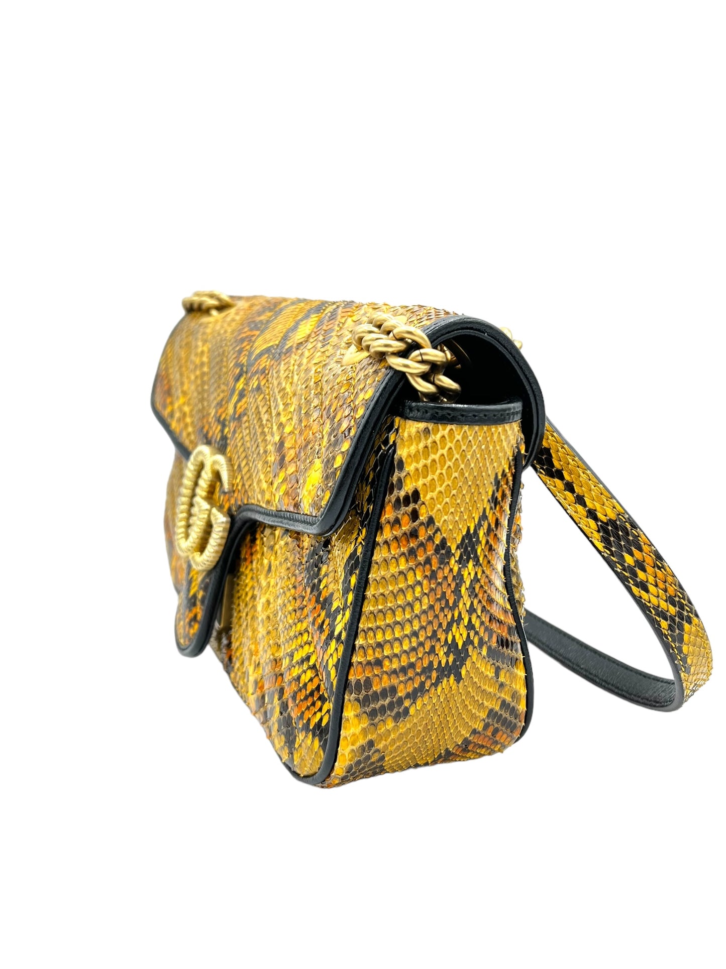 GUCCI MARMONT PYTHON CHAIN CROSSBODY IN YELLOW/BROWN/BLACK PYTHON EMBOSSED