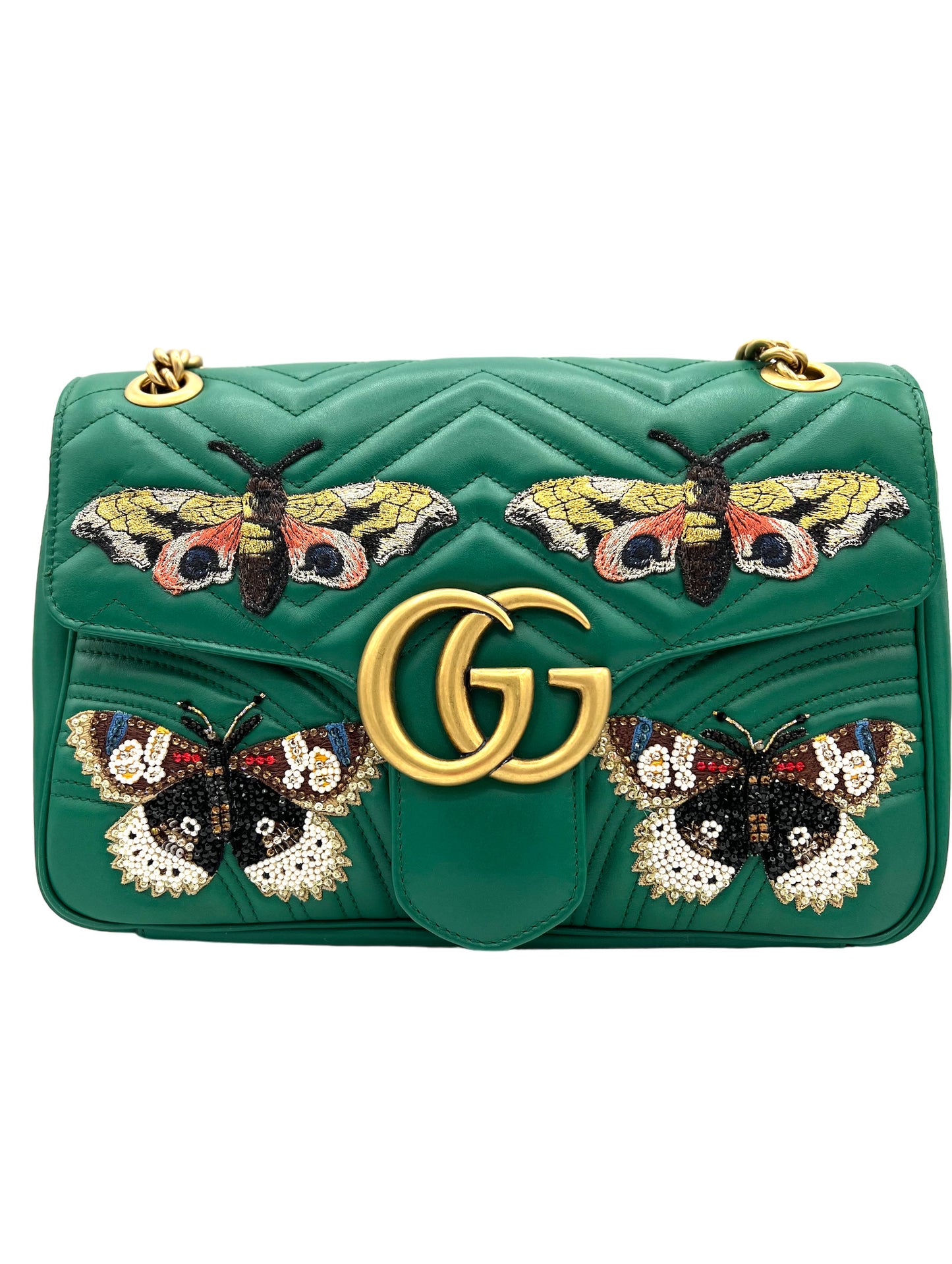 GUCCI GREEN QUILTED MARMONT BAG WITH BUTTERFLY APPLIQUE