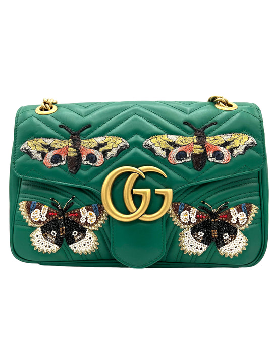 GUCCI GREEN QUILTED MARMONT BAG WITH BUTTERFLY APPLIQUE