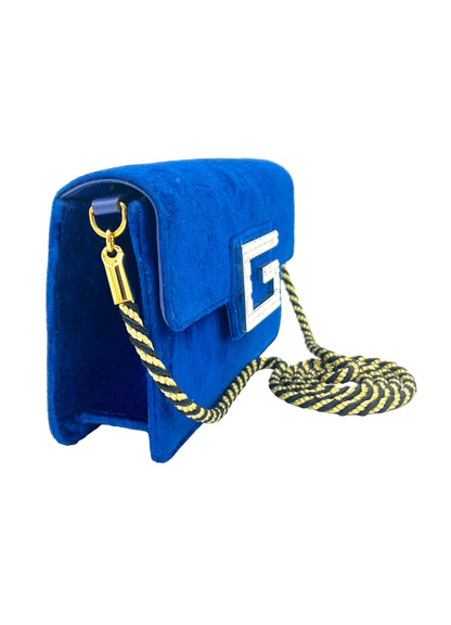 GUCCI BLUE VELVET MINI BROADWAY CROSSBODY BAG