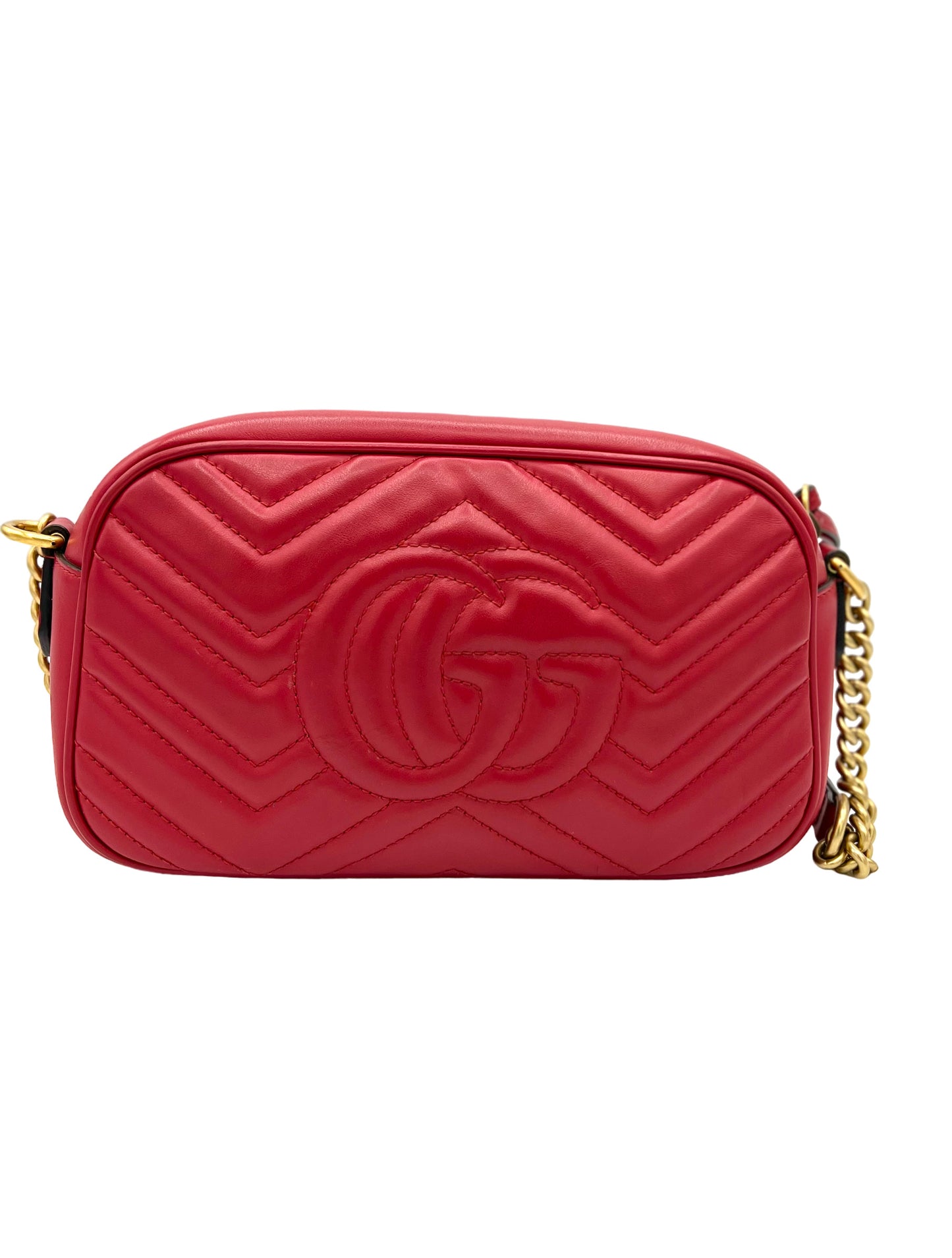 GUCCI CALFSKIN MATELASSE SMALL GG MARMONT CHAIN SHOULDER BAG HIBISCUS RED