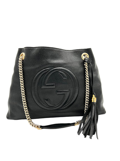 GUCCI FRINGE TASSEL BLACK LEATHER SOHO CHAIN TOTE BAG1