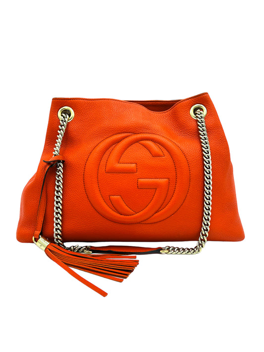 GUCCI SOHO CALFSKIN LEATHER MEDIUM CHAIN-STRAP TOTE BAG ORANGE