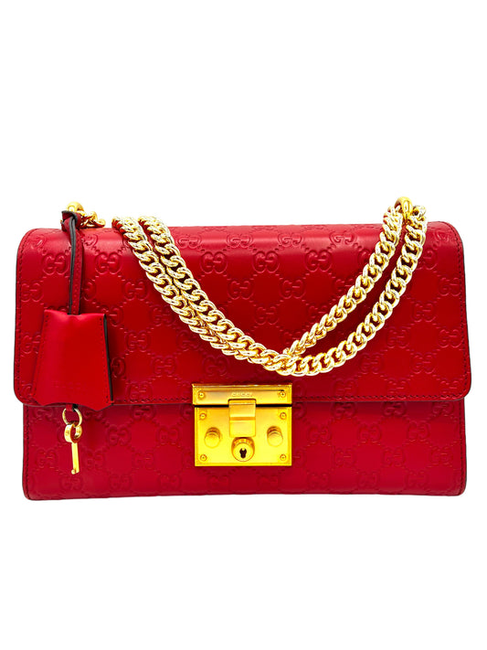 GUCCI PADLOCK SHOULDER BAG GUCCISSIMA LEATHER MEDIUM RED