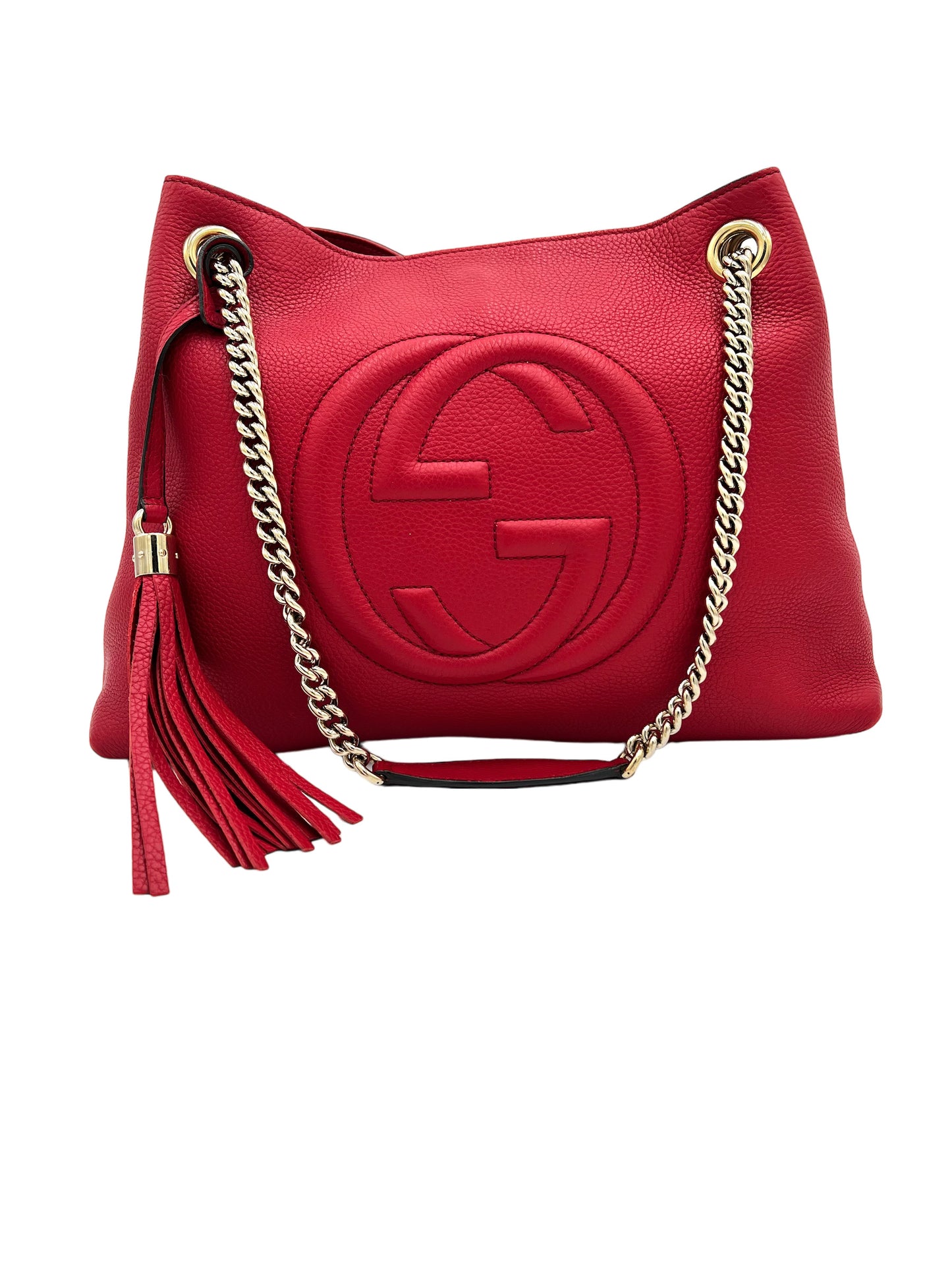 BOLSO DE HOMBRO MEDIANO SOHO CON CADENA GUCCI DE BECERRO PEBBLED ROJO TABASCO