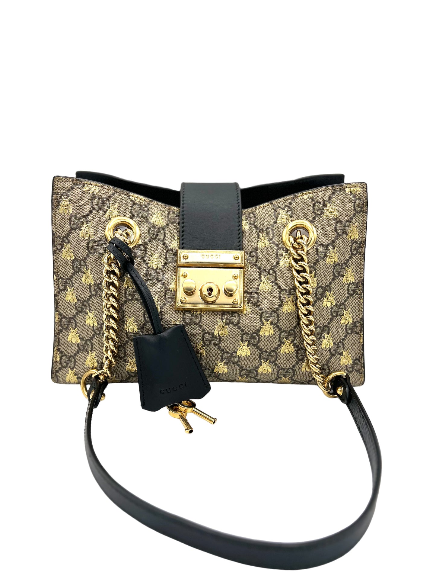 GUCCI SUPREME MONOGRAM BEES, TOTE PEQUEÑO CON CANDADO BEIGE ORO NEGRO