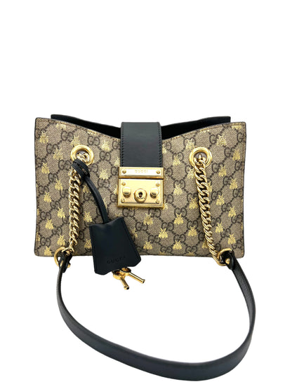 GUCCI SUPREME MONOGRAM BEES, SMALL PADLOCK TOTE BEIGE ORO BLACK