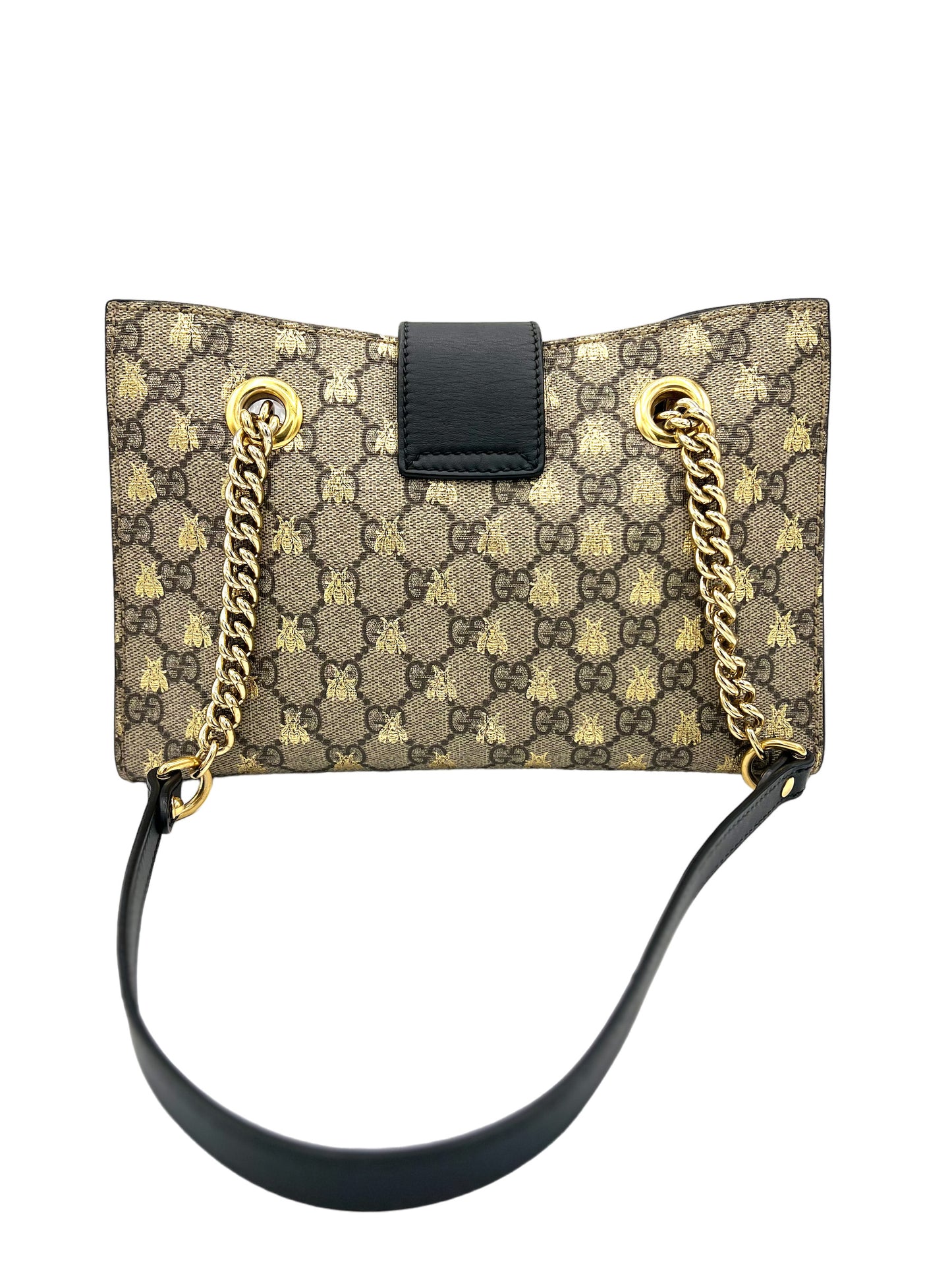 GUCCI SUPREME MONOGRAM BEES, TOTE PEQUEÑO CON CANDADO BEIGE ORO NEGRO