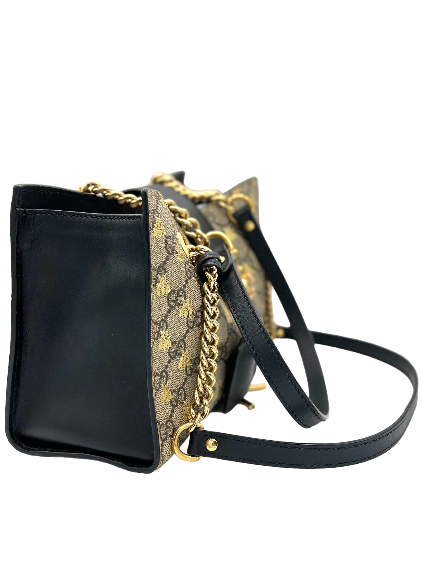 GUCCI SUPREME MONOGRAM BEES, SMALL PADLOCK TOTE BEIGE ORO BLACK