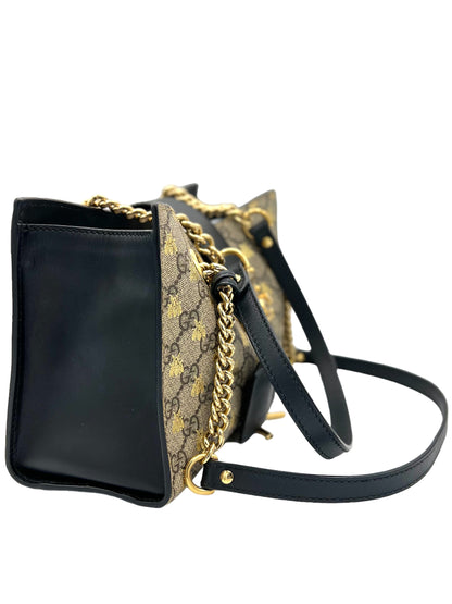 GUCCI SUPREME MONOGRAM BEES, SMALL PADLOCK TOTE BEIGE ORO BLACK