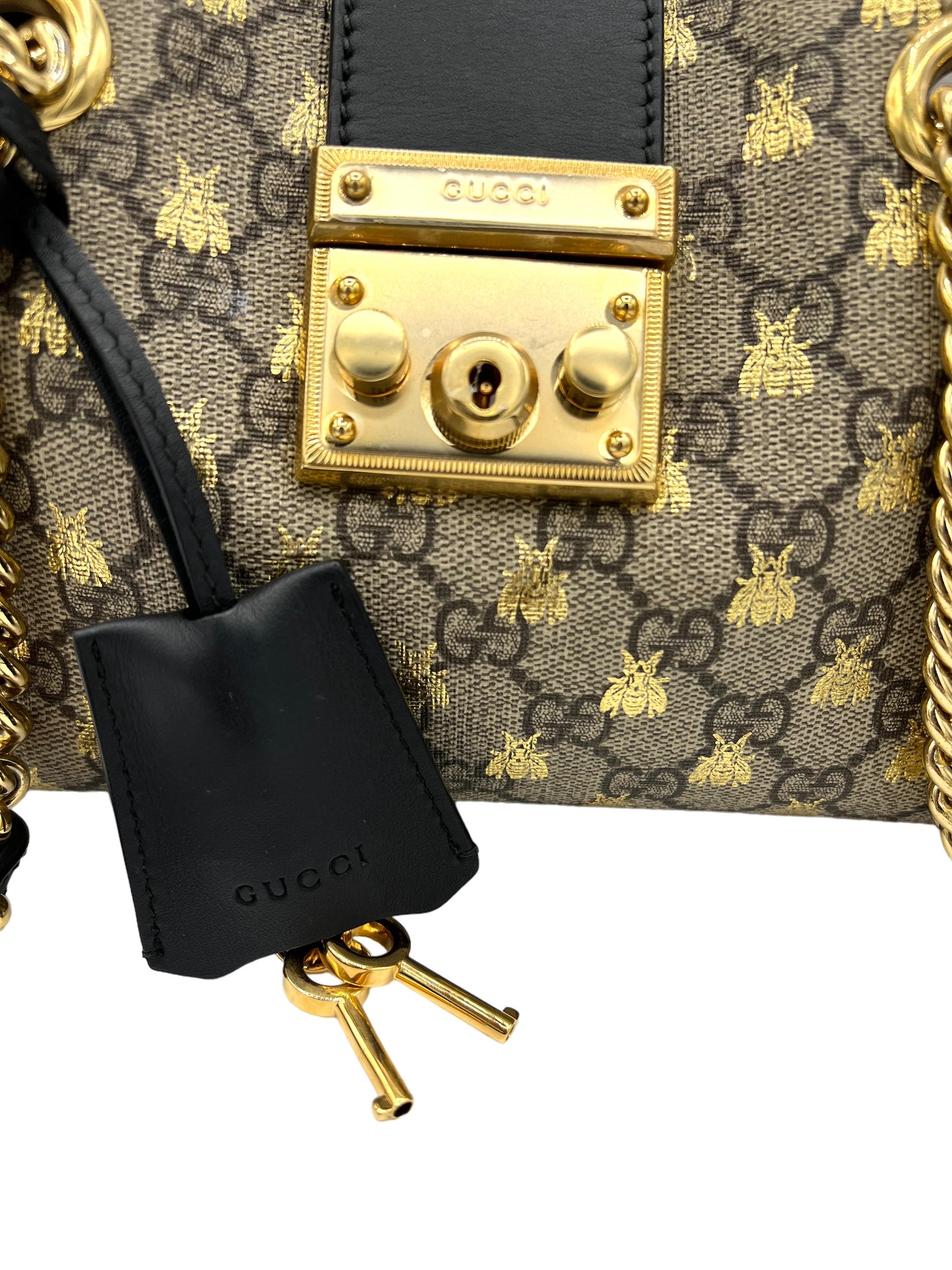 GUCCI SUPREME MONOGRAM BEES, SMALL PADLOCK TOTE BEIGE ORO BLACK