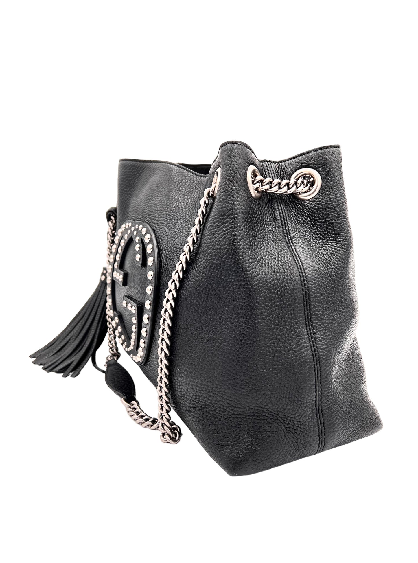 GUCCI- SOHO PEBBLED CALFSKIN STUDDED MED CHAIN BAG