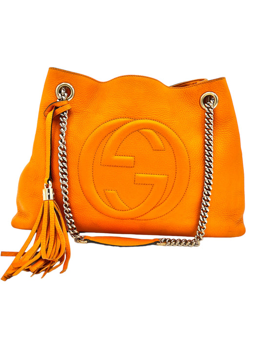 GUCCI- SOHO TASSEL CHAIN TOTE IN ORANGE GRAINED LEATHER