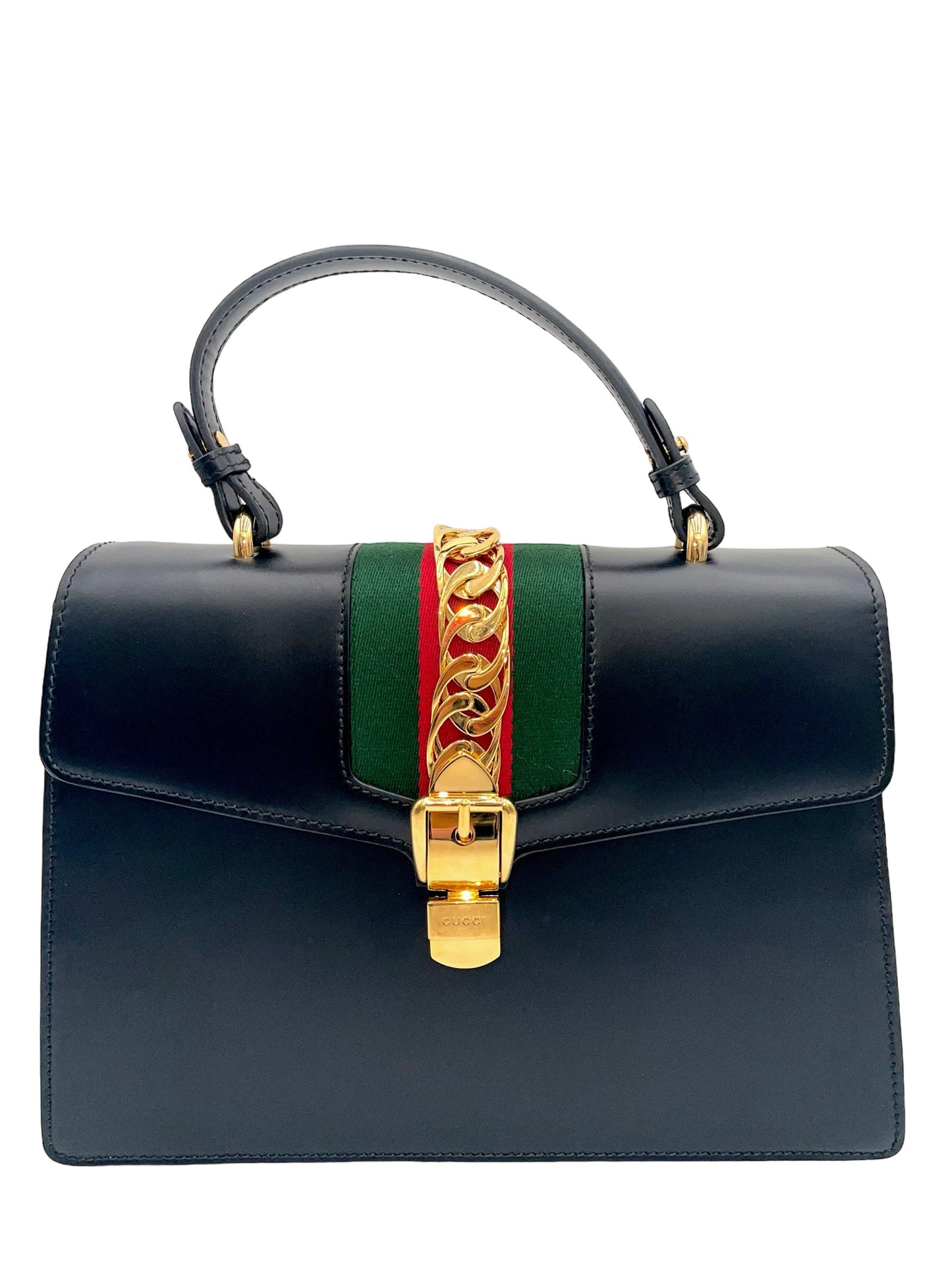 GUCCI BLACK LEATHER MEDIUM SYLVIE TOP HANDLE BAG