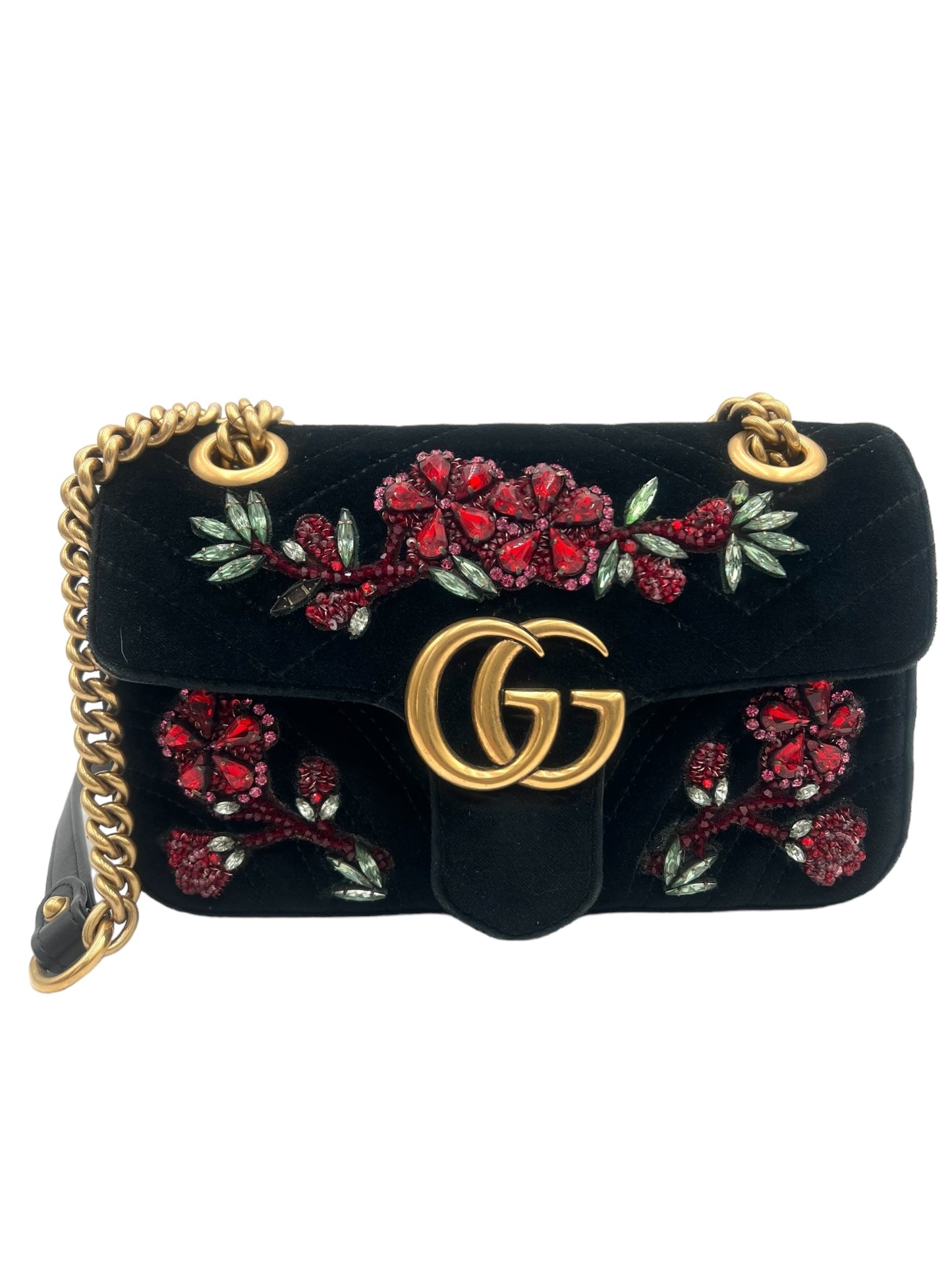 GUCCI BLACK MARMONT FLORAL EMBELLISHED QUILTED VELVET