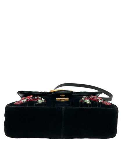 GUCCI BLACK MARMONT FLORAL EMBELLISHED QUILTED VELVET