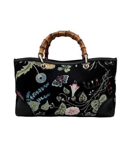 GUCCI SHOPPER TOTE FLORA KNIGHT BAMBOO LARGE BLACK