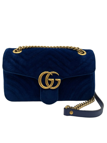 GUCCI GG MARMONT MATELASSE VELVET SMALL COBALT BLUE