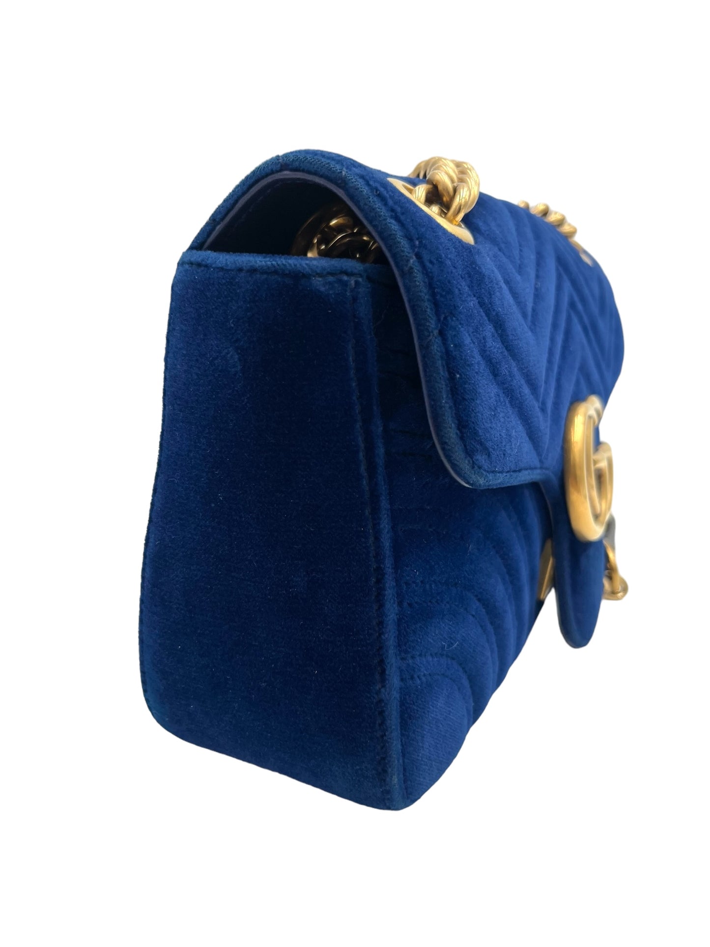 GUCCI GG MARMONT MATELASSE VELVET SMALL COBALT BLUE