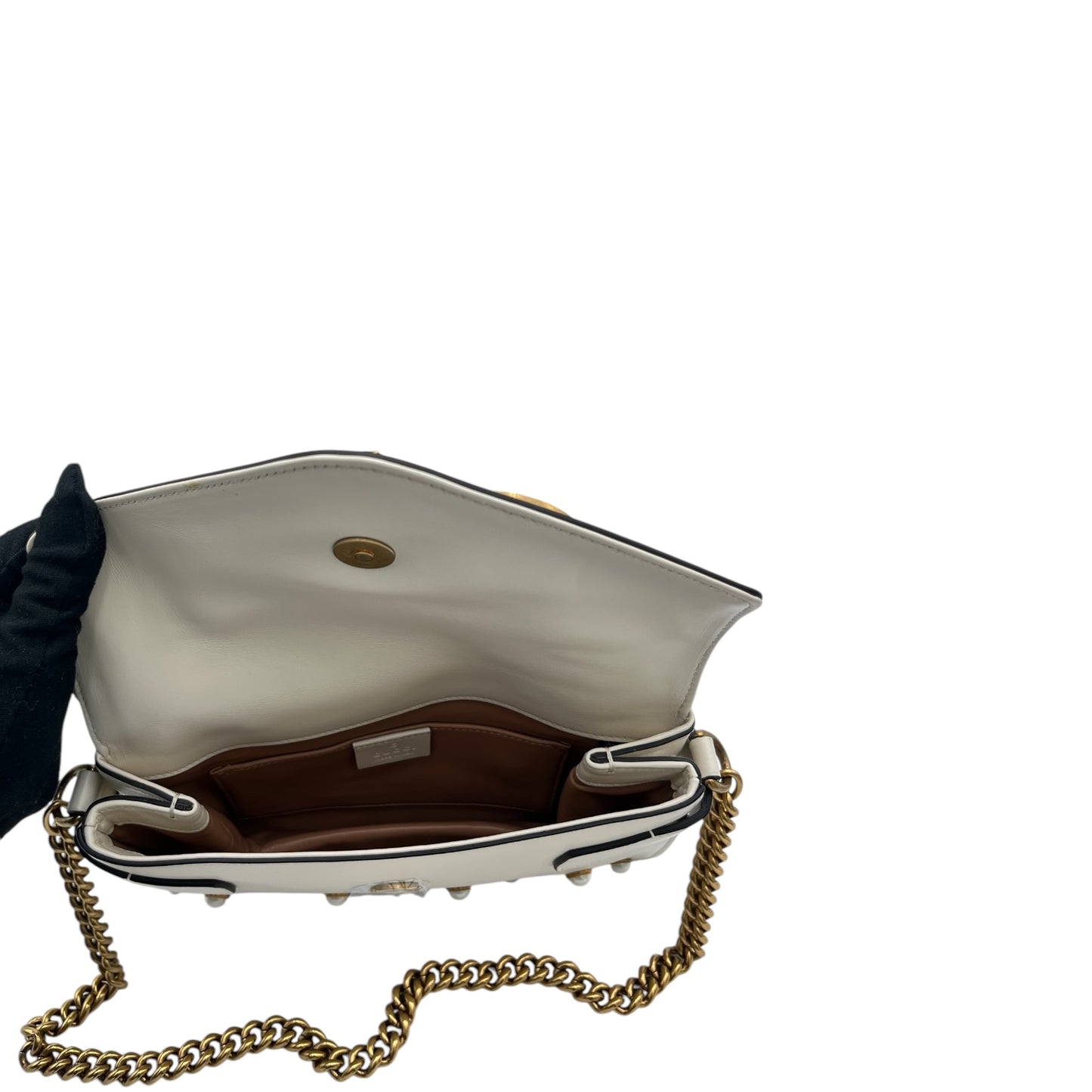 GUCCI NAPPA PEARL STUDDED MINI QUEEN MARGARET BROADWAY SHOULDER BAG MYSTIC WHITE