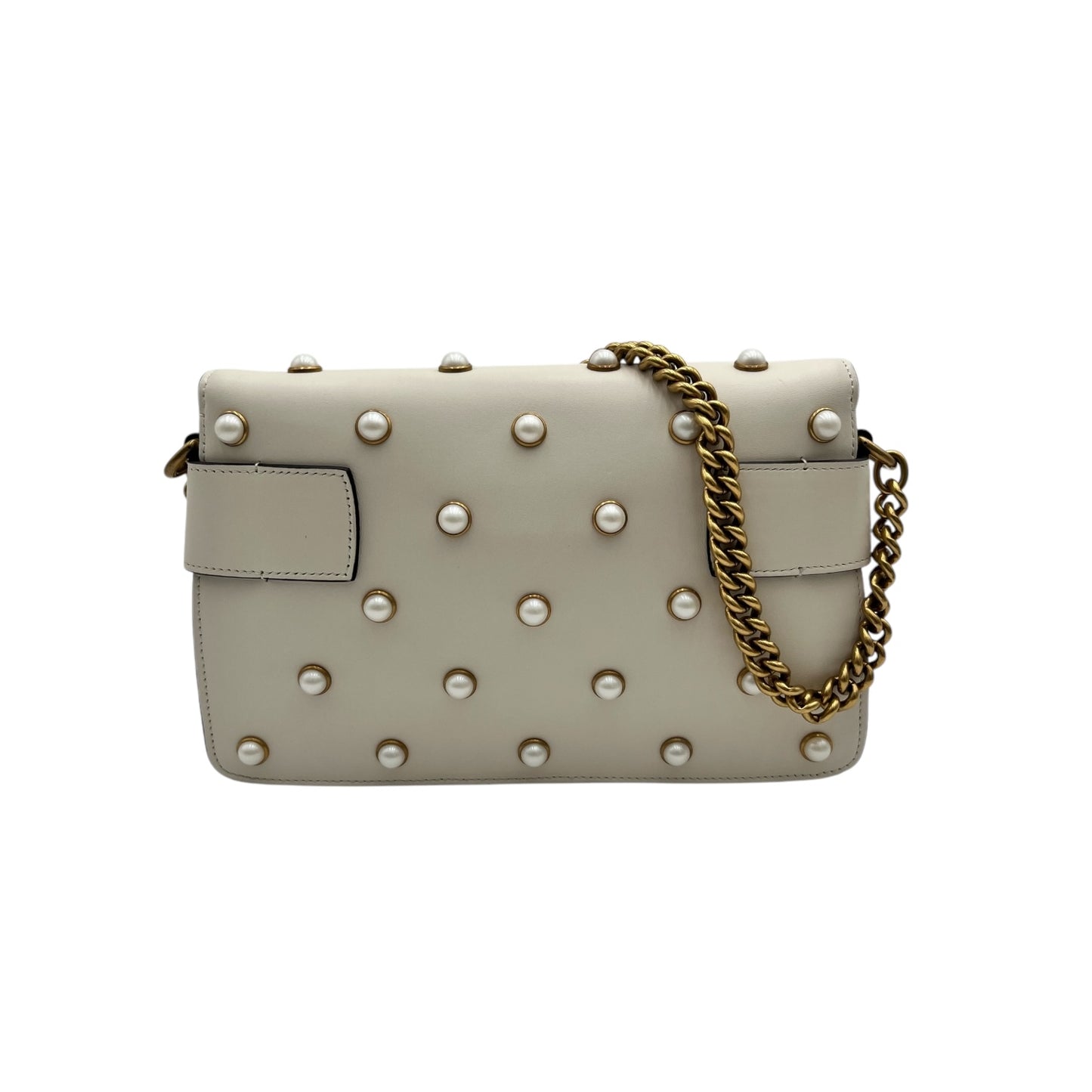 GUCCI NAPPA PEARL STUDDED MINI QUEEN MARGARET BROADWAY SHOULDER BAG MYSTIC WHITE