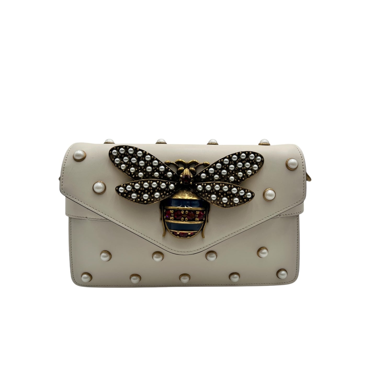 GUCCI NAPPA PEARL STUDDED MINI QUEEN MARGARET BROADWAY SHOULDER BAG MYSTIC WHITE