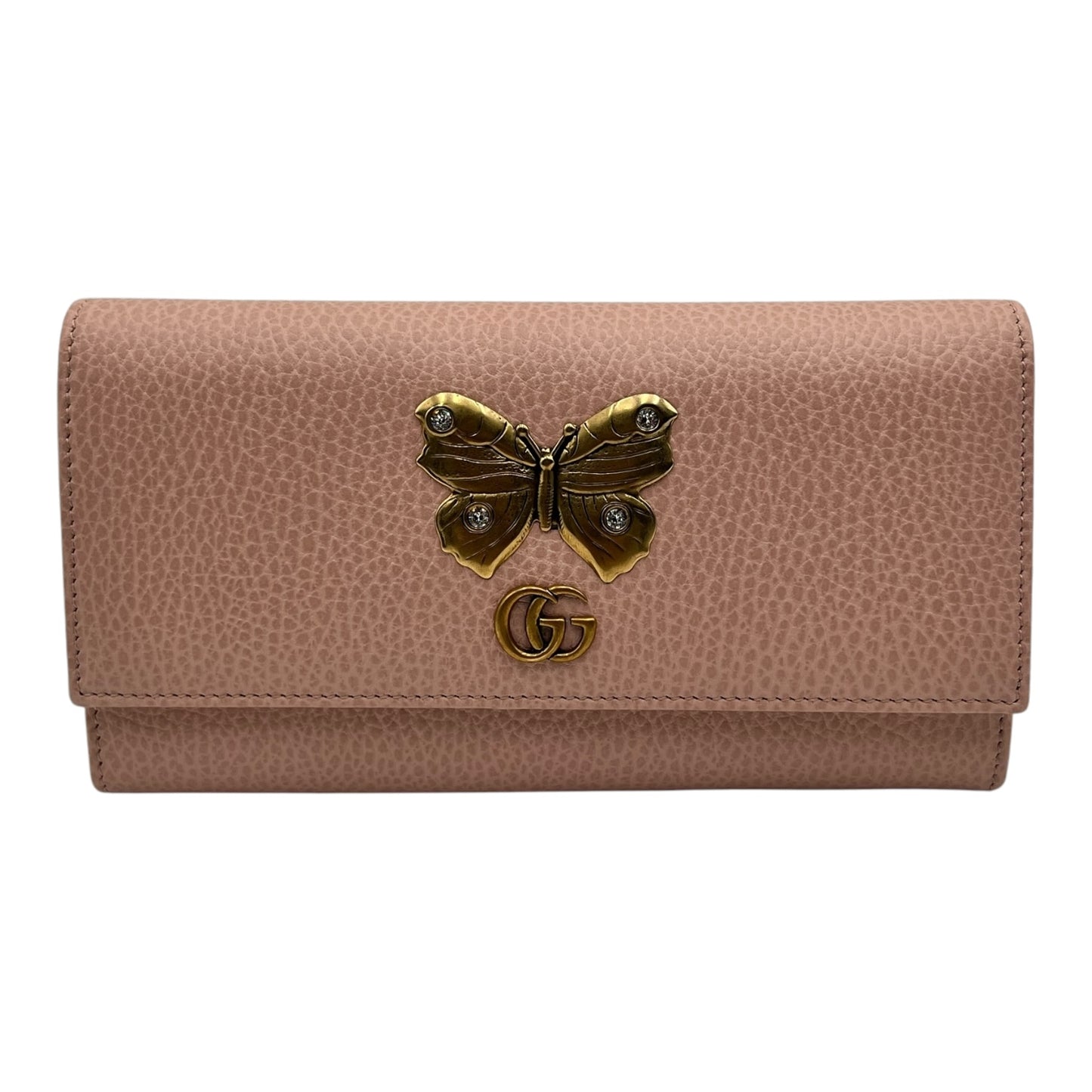 GUCCI PEBBLED CALFSKIN BUTTERFLY CONTINENTAL WALLET PERFECT PINK