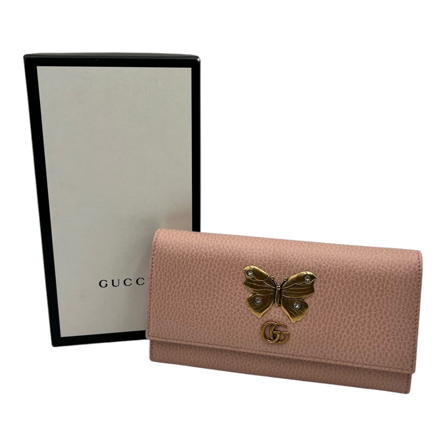 GUCCI PEBBLED CALFSKIN BUTTERFLY CONTINENTAL WALLET PERFECT PINK