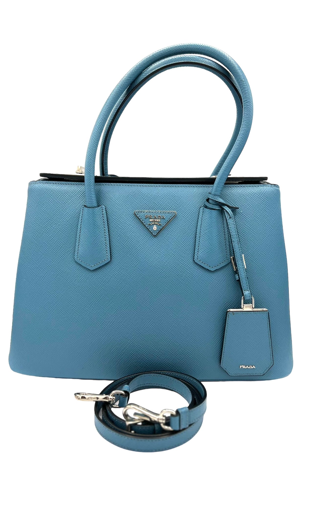 PRADA BLUE SAFFIANO CUIR LEATHER TWIN TOTE BAG