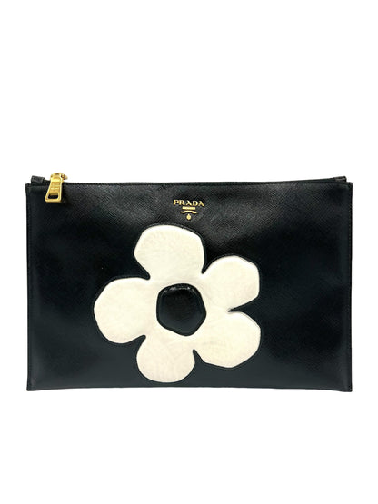 PRADA BLACK SAFFIANO VERNICE FLOWER CLUTCH BAG