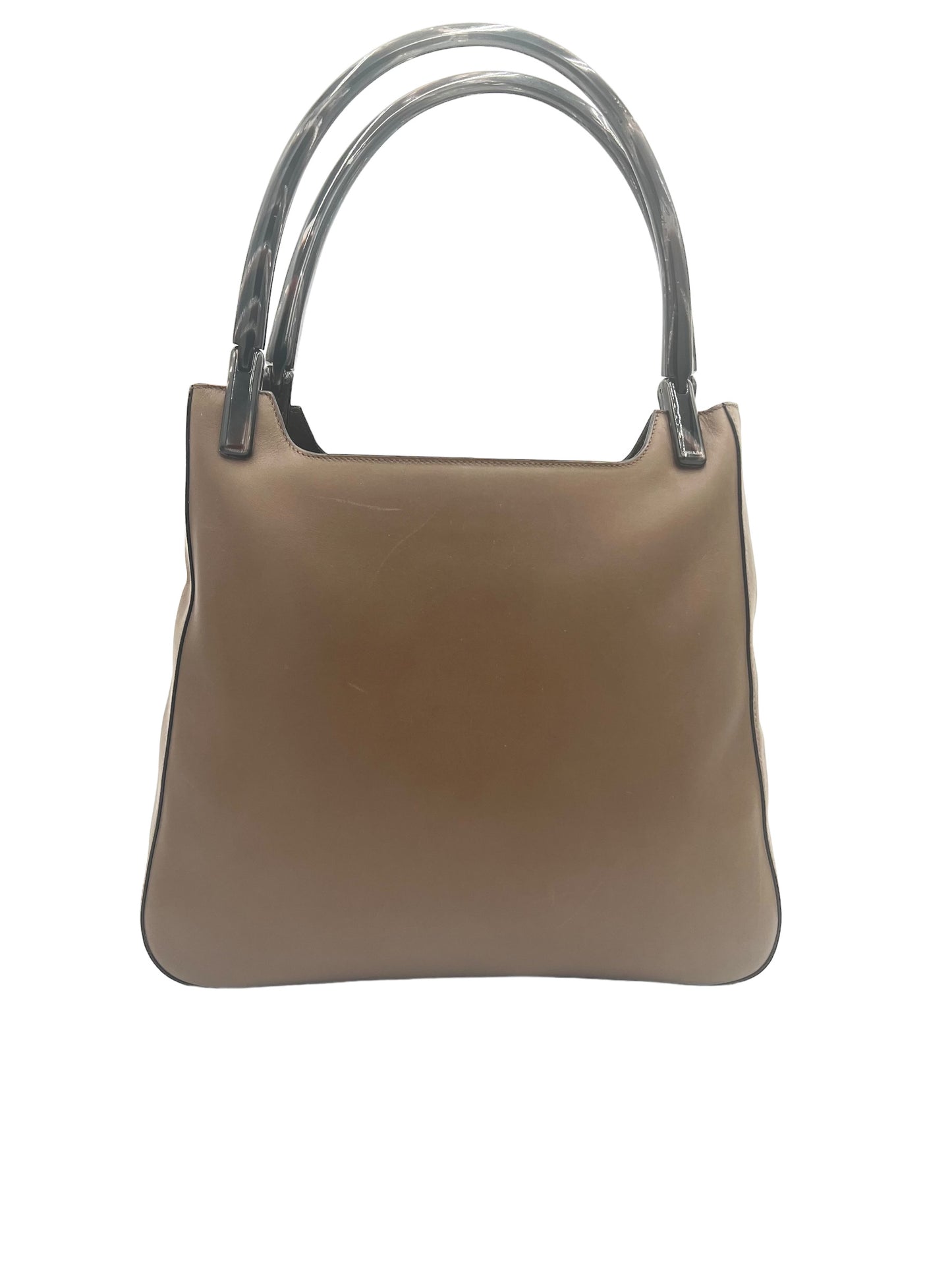 PRADA VINTAGE CALF LEATHER PLASTIC TOP HANDLE TOTE BAG BROWN