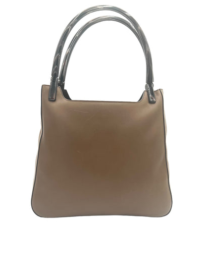 PRADA VINTAGE CALF LEATHER PLASTIC TOP HANDLE TOTE BAG BROWN