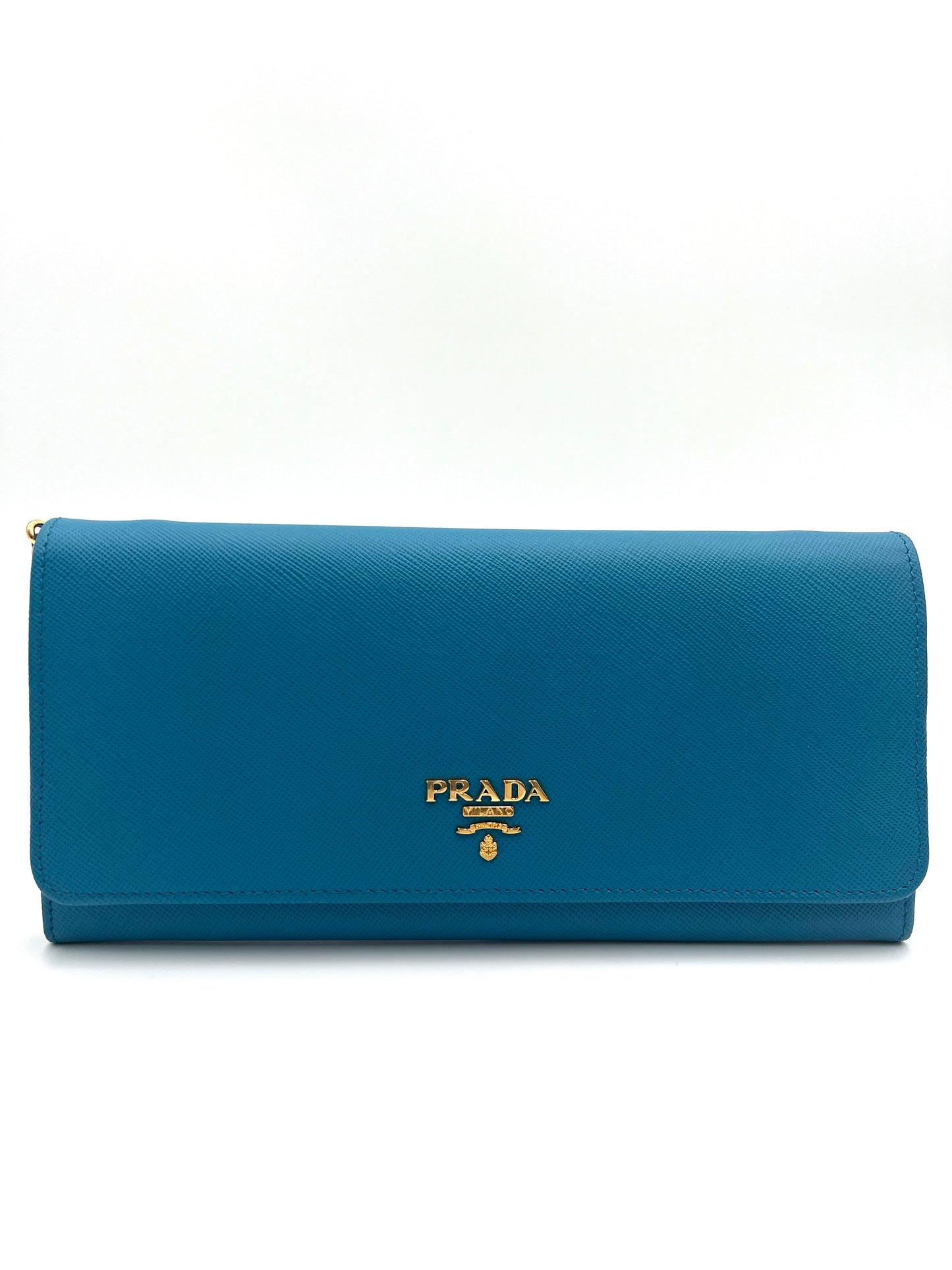 PRADA SAFFIANO METAL WALLET ON CHAIN BLUE