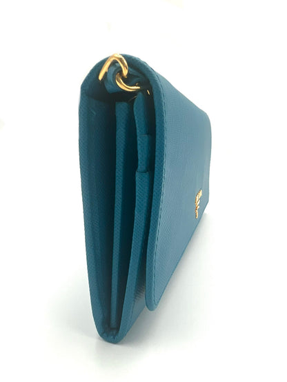 PRADA SAFFIANO METAL WALLET ON CHAIN BLUE