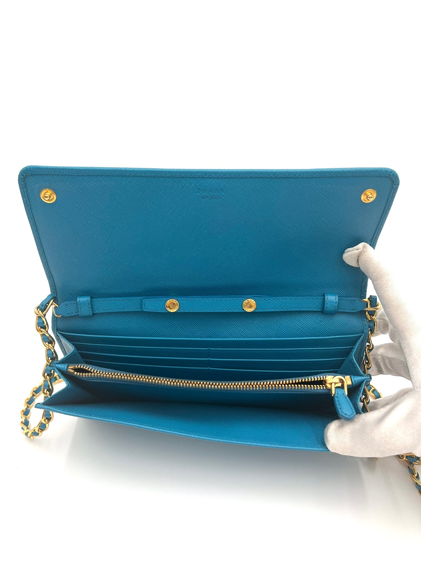 PRADA SAFFIANO METAL WALLET ON CHAIN BLUE